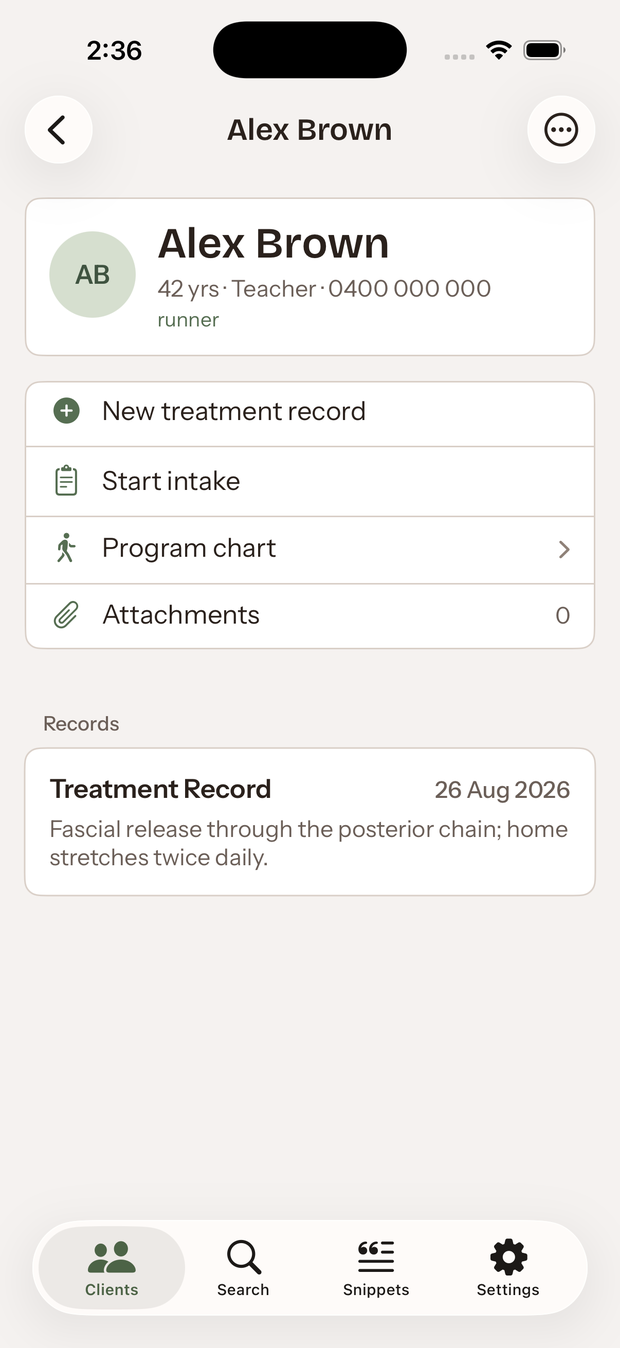 A client's file in Paperbark on an iPhone